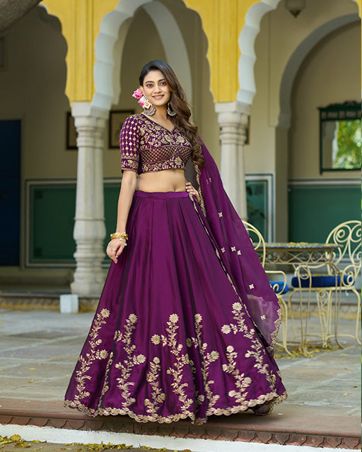 Wine Color Embroidered Rangoli Silk Lehenga Choli