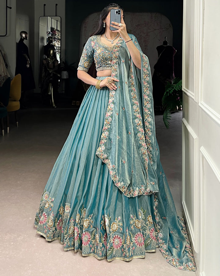 Sky Blue Color Zari Shimmer Thread Embroidered Lehenga Choli