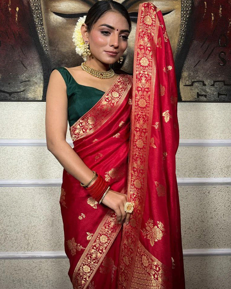 Red Color Big Flower Design Banarasi Soft Silk Saree