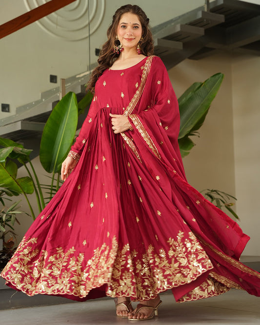 Red Color Chinnon Sequence Embroidered Gown