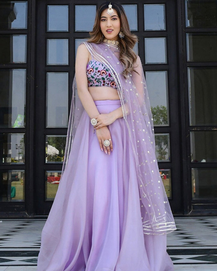 Lavender Color Organza Net Resham Embroidered Lehenga Choli