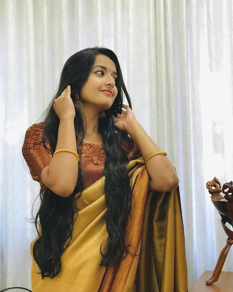 Beautiful Mustard Yellow Color Banarasi Soft Silk Saree