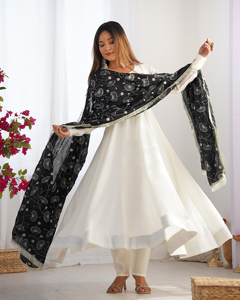 White Color Soft Vichitra Silk Anarkali With Black Dupatta