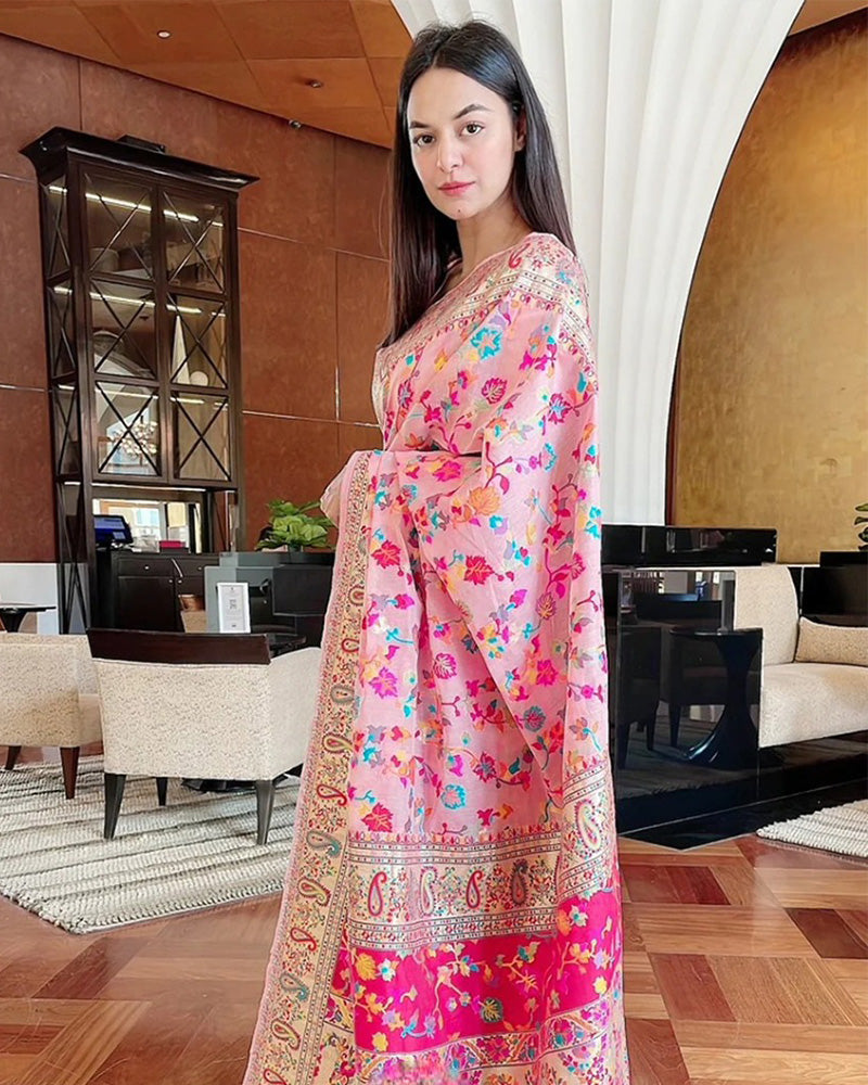 Baby Pink Color Banarasi Kashmiri Pashmina Saree