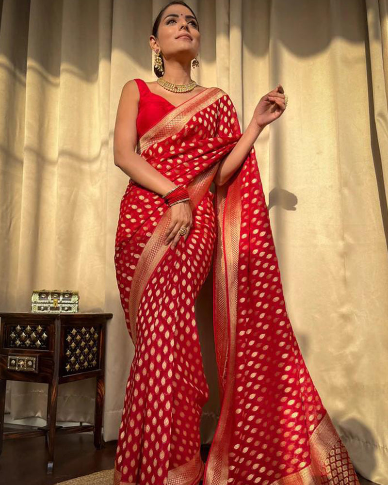 Beautiful Red Color Banarasi Jacquard Weaving Saree