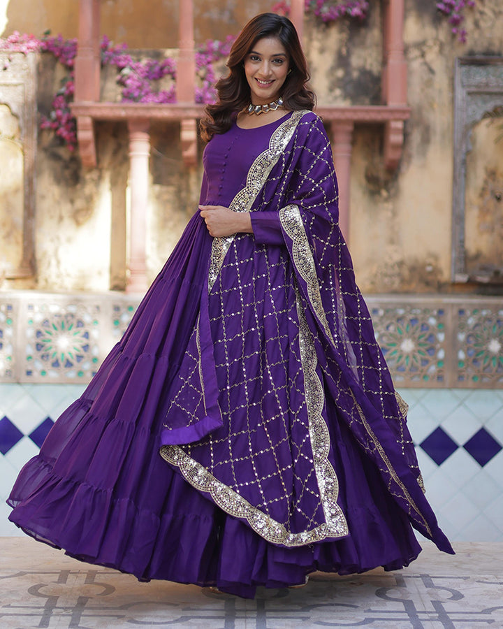 Purple Color Star Georgette Gown With Embroidered Dupatta