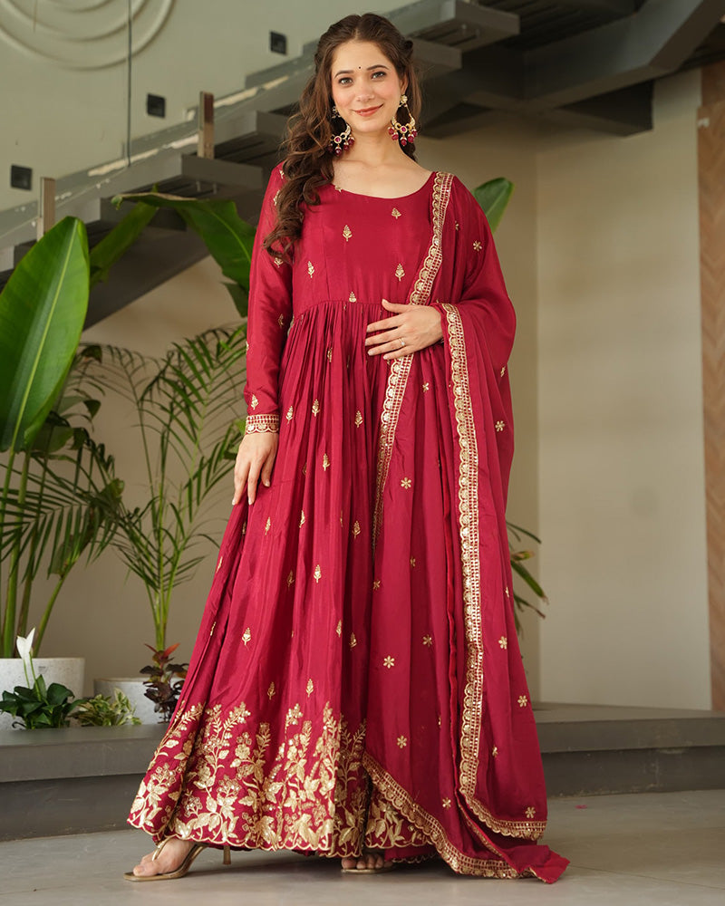 Red Color Chinnon Sequence Embroidered Gown