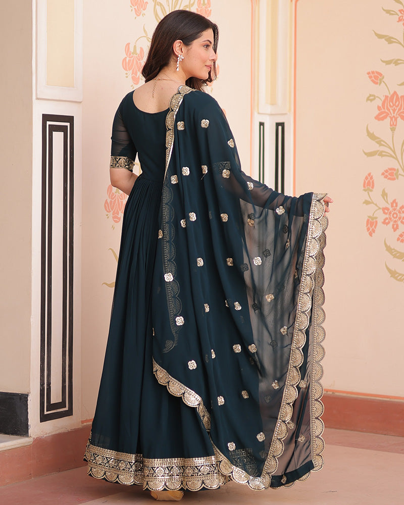 Designer Rama Blue Anarkali Gown with Golden Embroidery