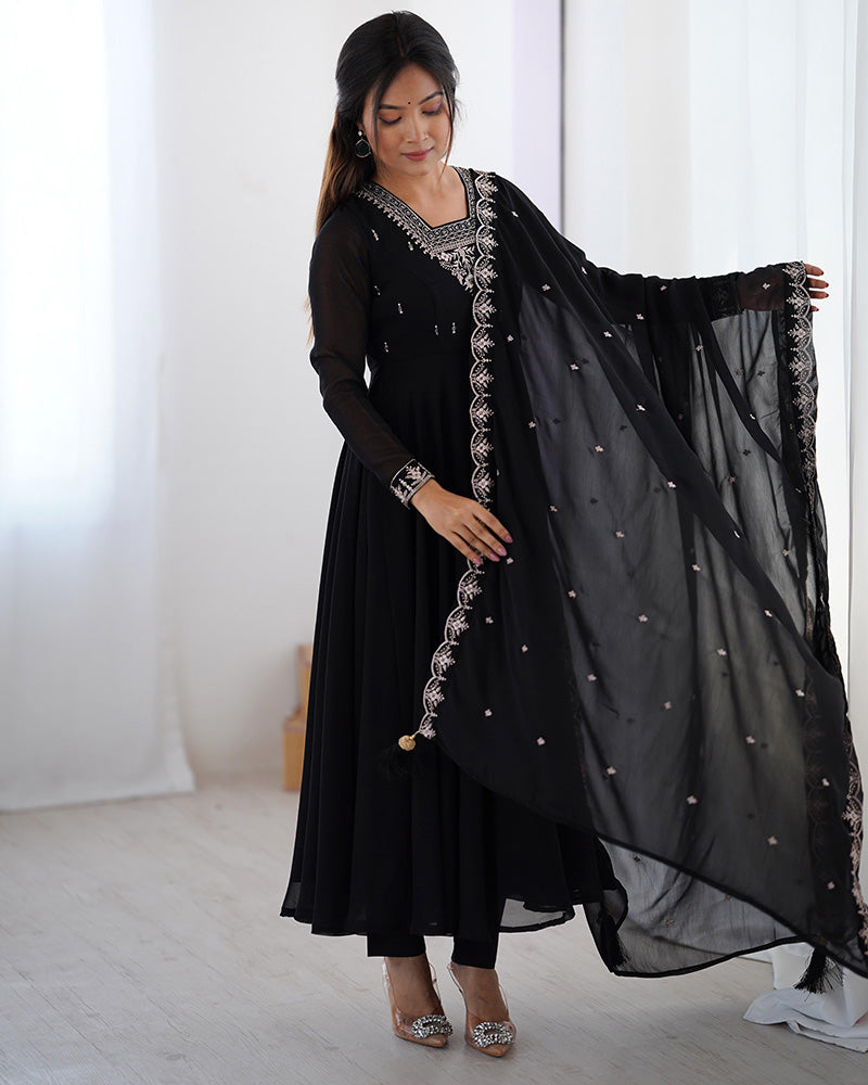 Black Color Georgette Embroidered Three Piece Anarkali Suit