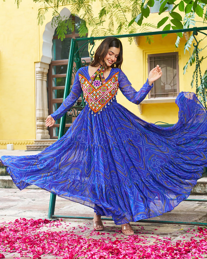 Festive Blue Ethnic Gown With Colorful Mirror Work