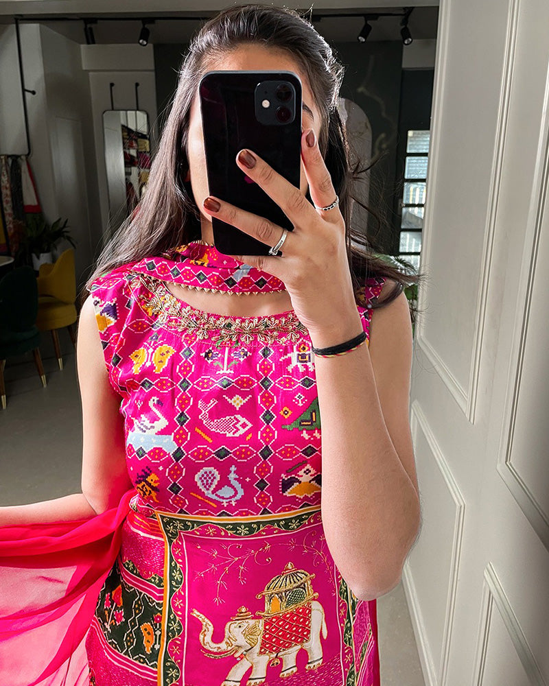 Rani Pink Color Gaji Silk Three Piece Sharara Suit