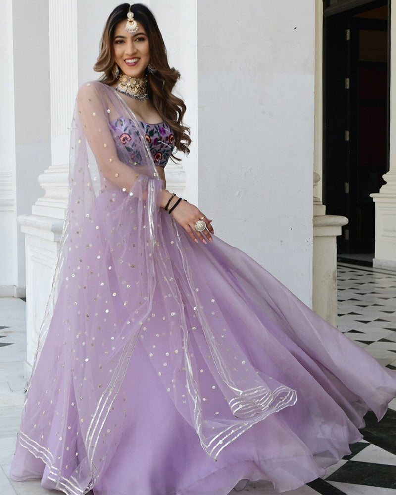 Lavender Color Organza Net Resham Embroidered Lehenga Choli