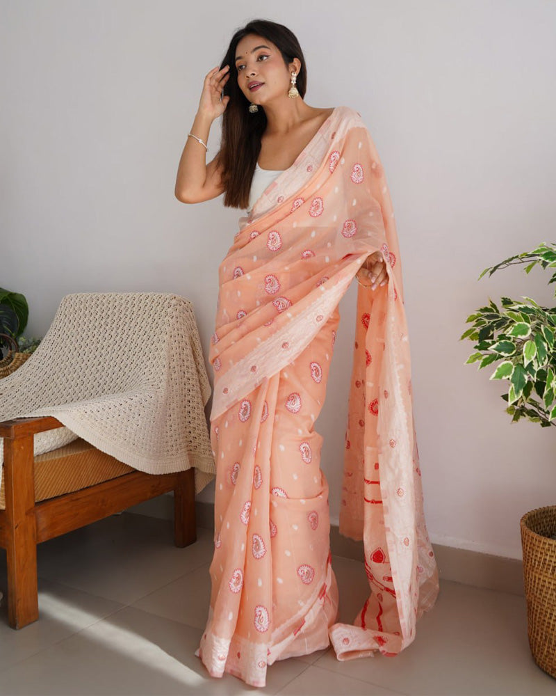 Beautiful Peach Color Soft Cotton Saree