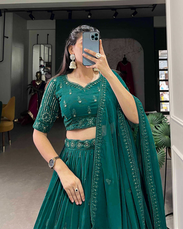 Bottle Green Color Georgette Thread Embroidered Lehenga Choli