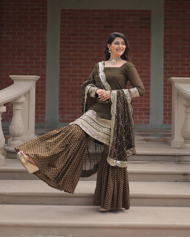 Mehndi Color Georgette And Jacquard Sharara Suit