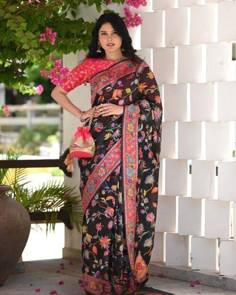 Black Colour Banarsi Soft Silk Saree