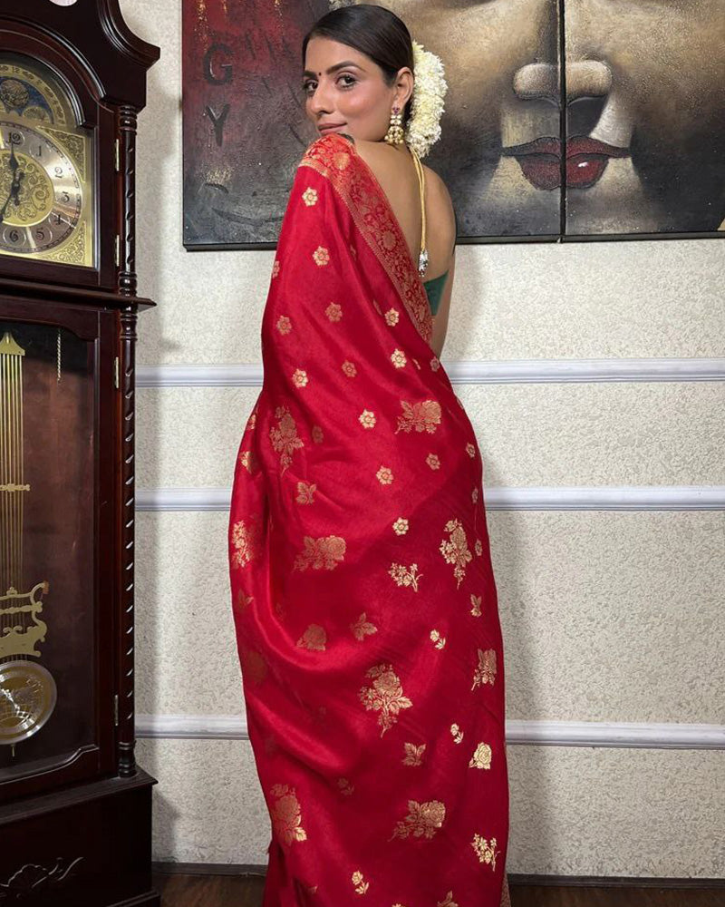 Red Color Big Flower Design Banarasi Soft Silk Saree