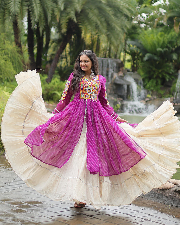 White Color Kora Cotton Lehenga With Purple Kurti