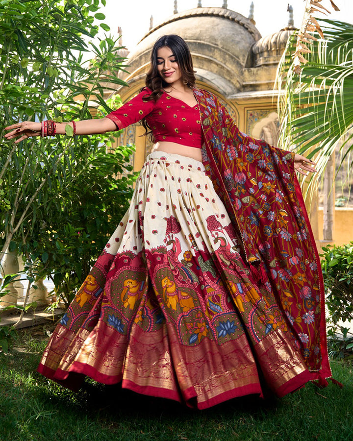 Off-White Color Tussar Silk Kalamkari Printed Navratri Lehenga Choli