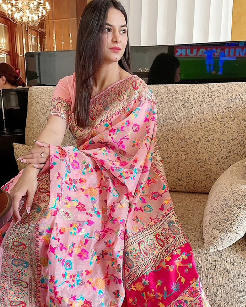 Baby Pink Color Banarasi Kashmiri Pashmina Saree