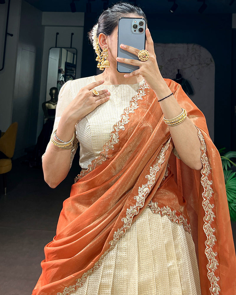 Orange Color Jacquard Chex Half Saree