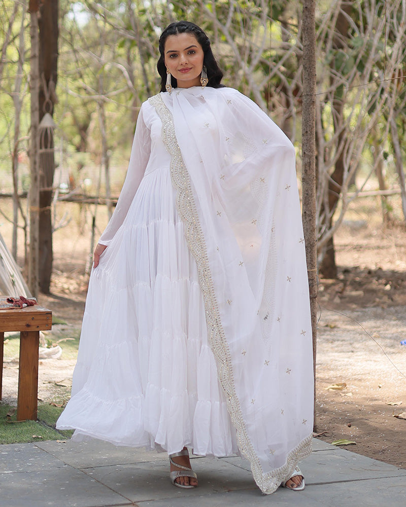 White Color Designer Embroidered Gown With Dupatta