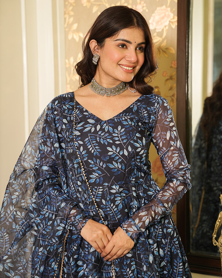 Navy Blue Color Printed Tebby Organza Three Piece Anarkali Suit