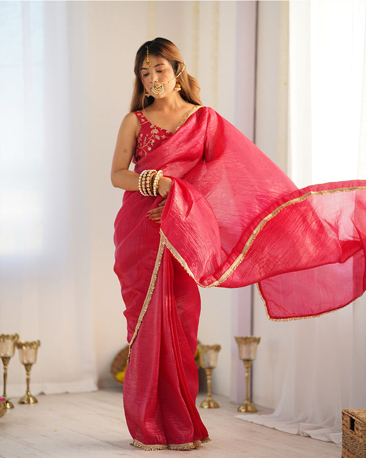 Rani Pink Color Tissue Silk Pre Drapped Saree