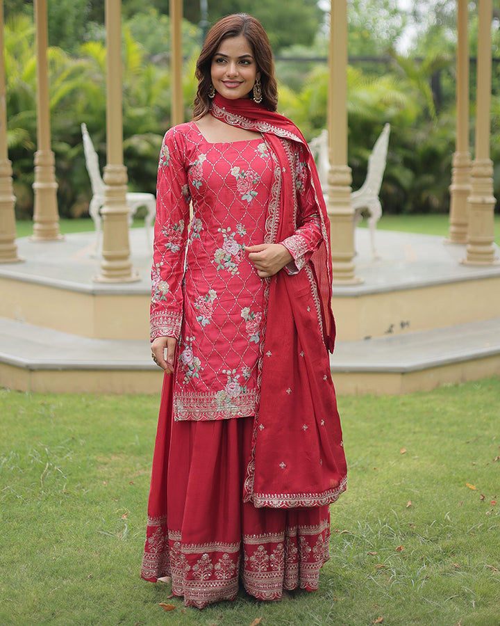 Rani Pink Color Chinnon Printed Plazzo Suit