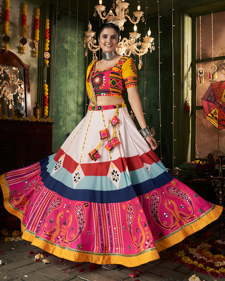 White Color Maslin Cotton Printed Mirror Work Navratri Lehenga Choli