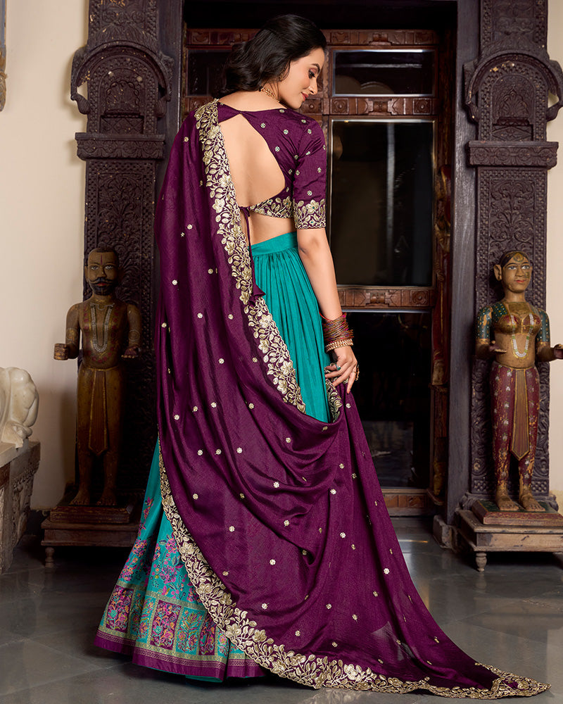 Firozi Color Tussar Silk Printed And Foil Work Lehenga Choli