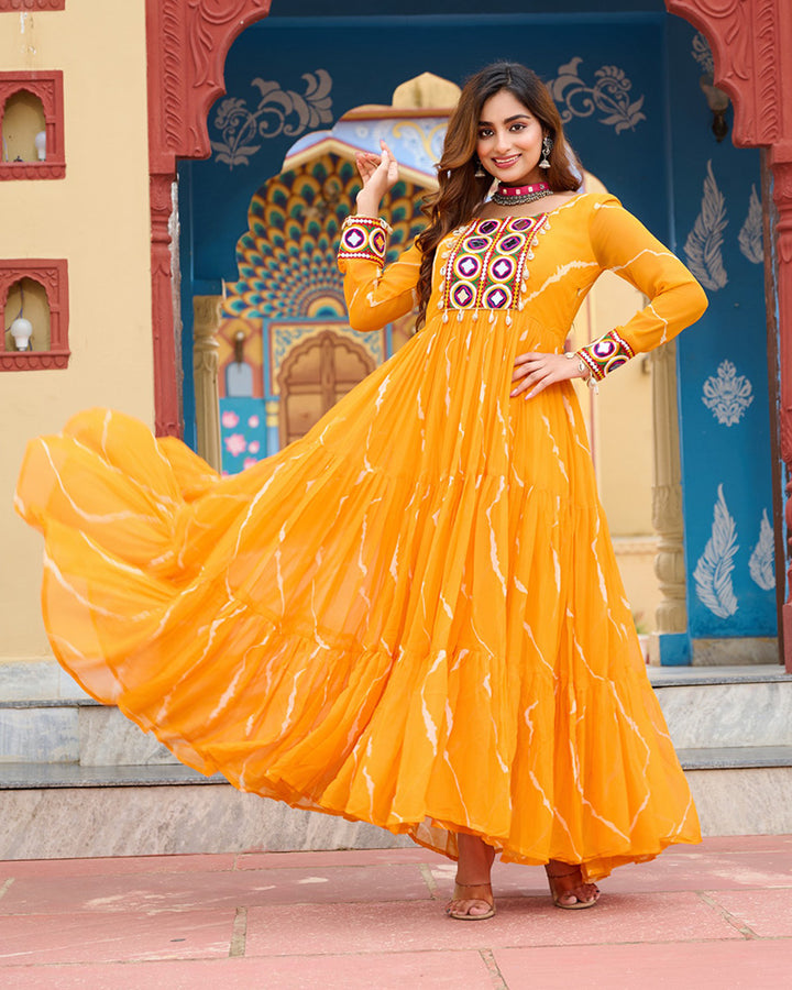 Yellow Color Georgette Laheriya Print Navratri Gown