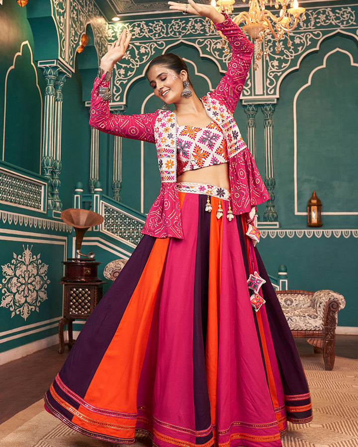 Multi Pink Color Viscose Rayon Navratri Lehenga Choli