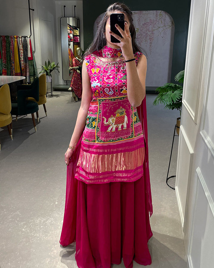 Rani Pink Color Gaji Silk Three Piece Sharara Suit