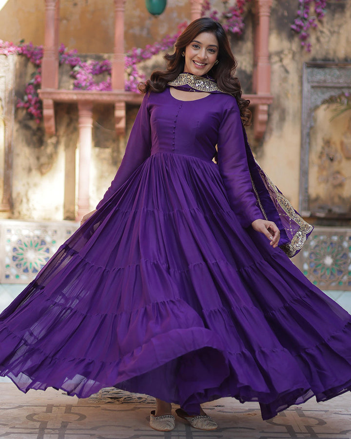 Purple Color Star Georgette Gown With Embroidered Dupatta