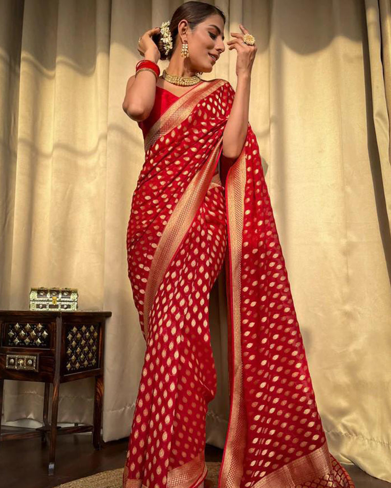 Beautiful Red Color Banarasi Jacquard Weaving Saree