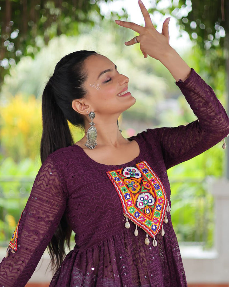 Wine Color Georgette Schiffli Work Navratri Kediya