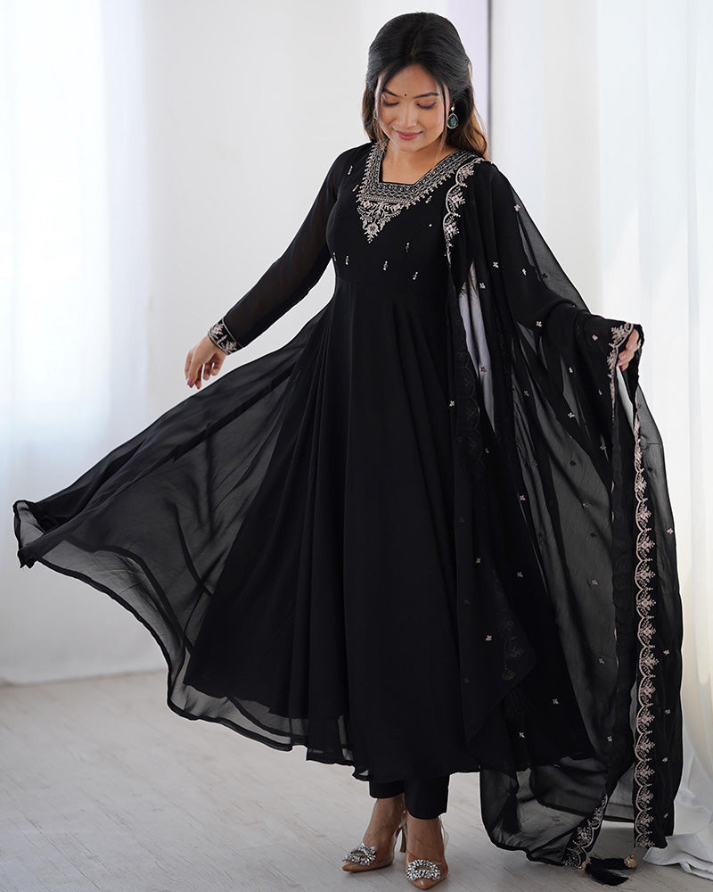 Black Color Georgette Embroidered Three Piece Anarkali Suit