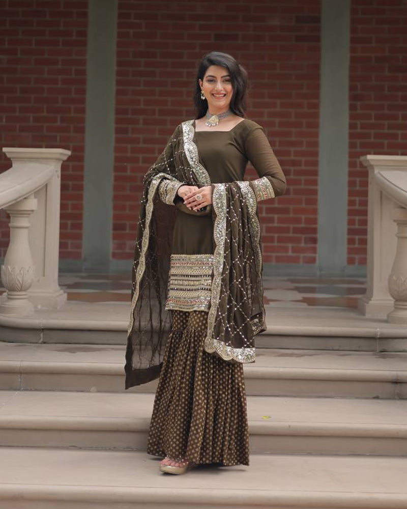 Mehndi Color Georgette And Jacquard Sharara Suit