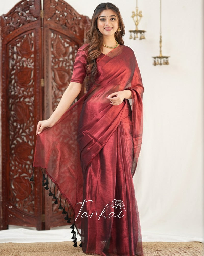 Maroon Color Handloom Raga Tissue Cotton Saree