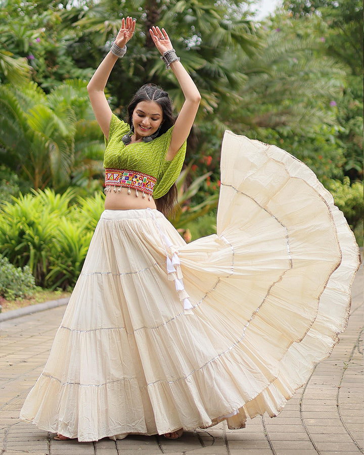 White Color Kora Cotton Lehenga With Parrot Green Choli