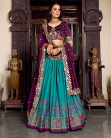 Firozi Color Tussar Silk Printed And Foil Work Lehenga Choli