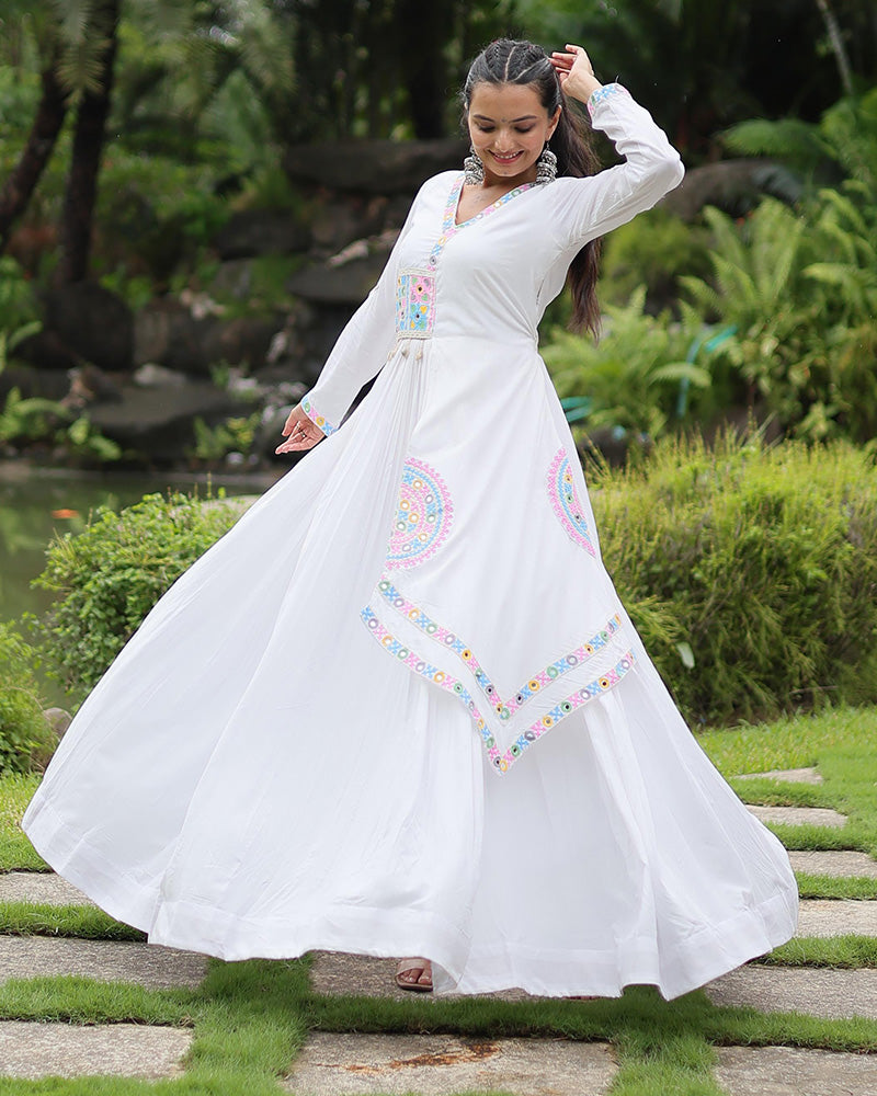 White Color Rayon Kutchi Style Navratri Gown