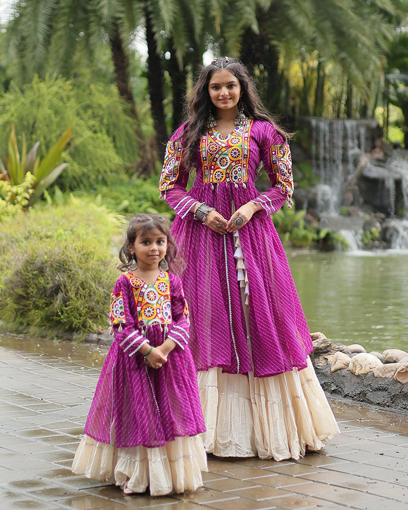 White Color Kora Cotton Lehenga With Purple Kurti