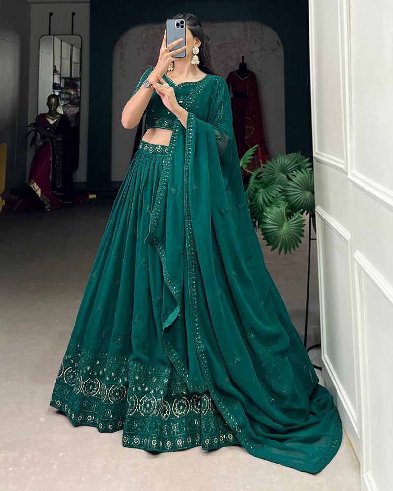 Bottle Green Color Georgette Thread Embroidered Lehenga Choli