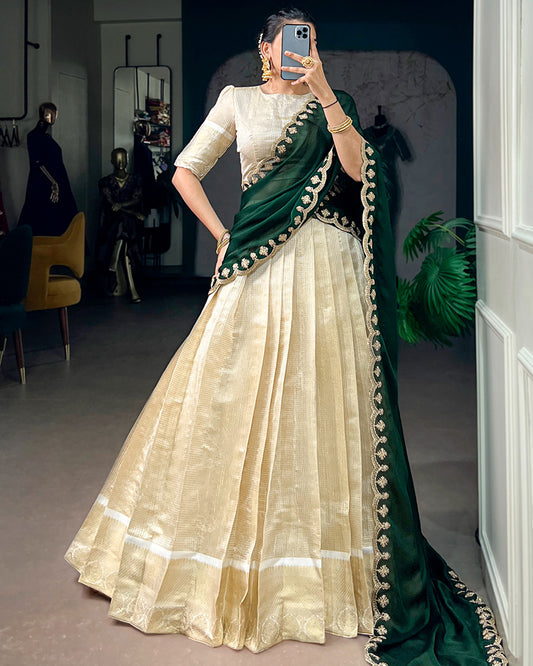 Green Color Jacquard Chex Half Saree