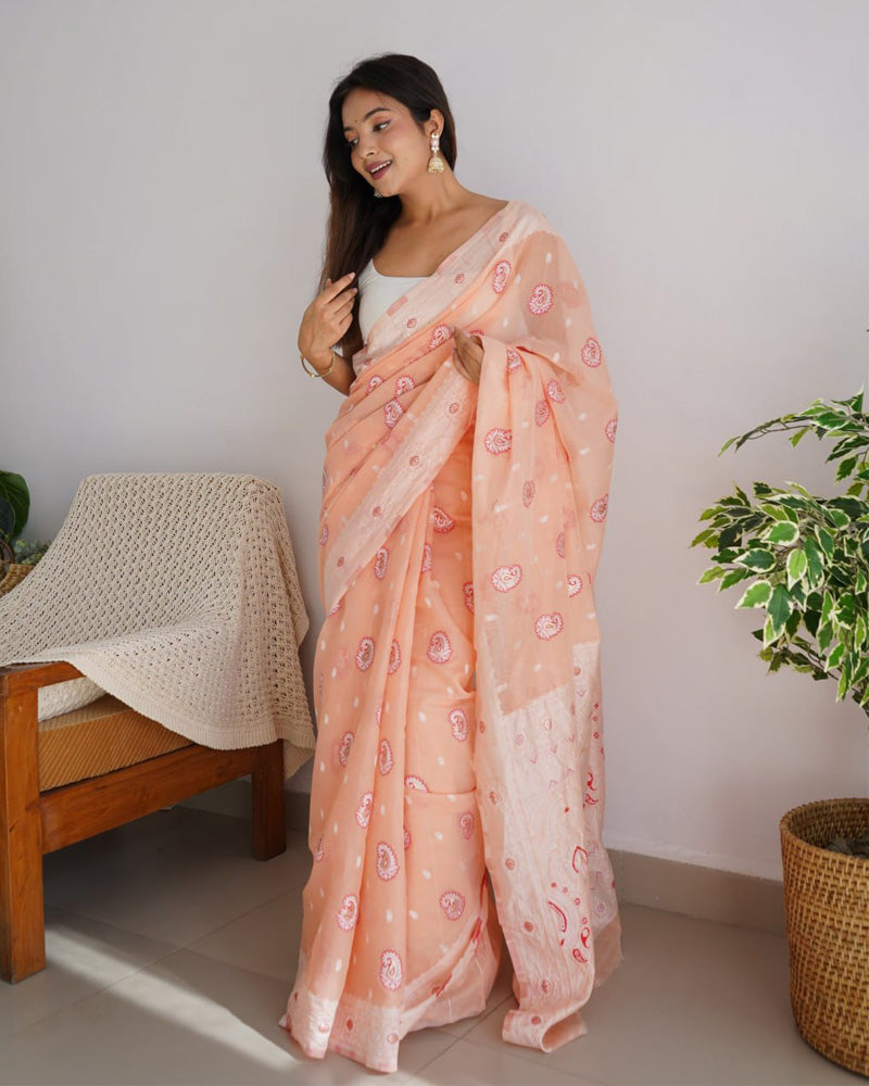 Beautiful Peach Color Soft Cotton Saree