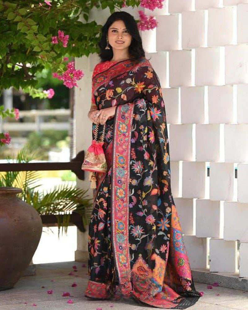 Black Colour Banarsi Soft Silk Saree