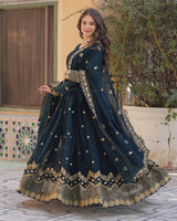 Peacock Color Faux Blooming Embroidered Gown