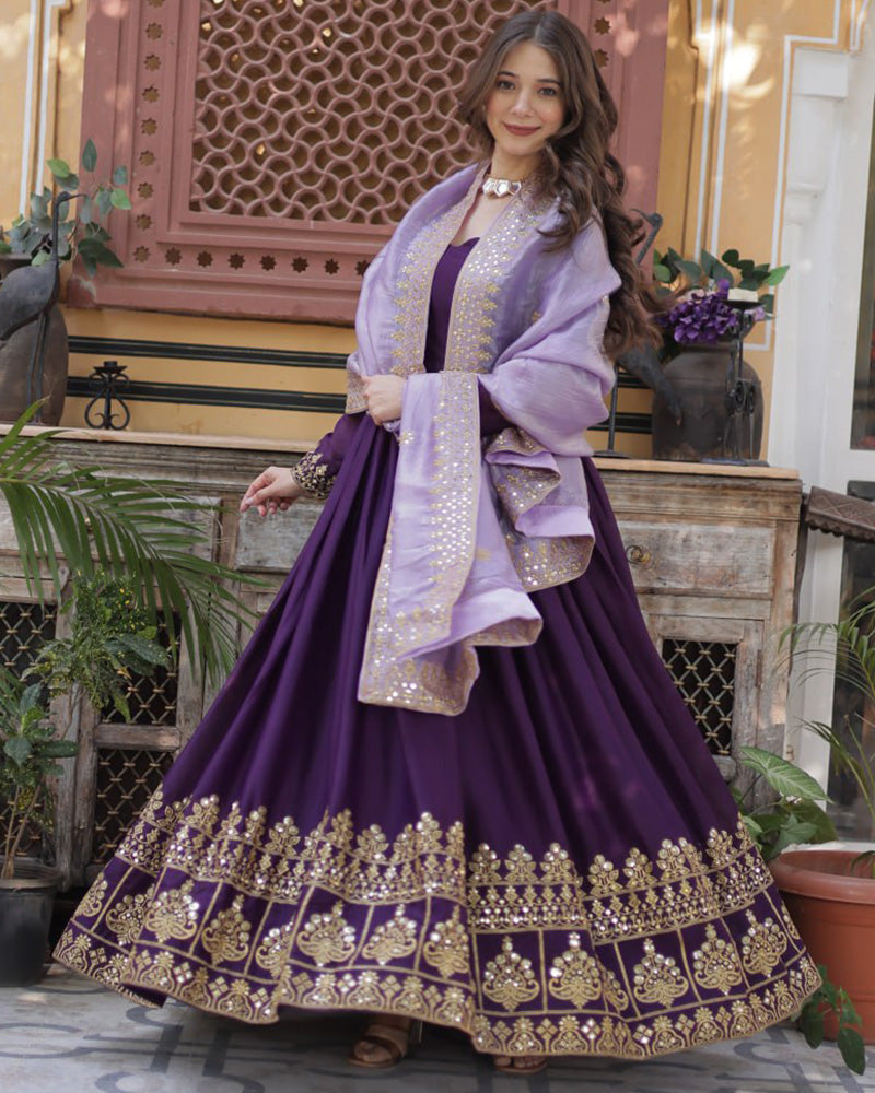 Wine Color Star Georgette Sequence Embroidered Gown